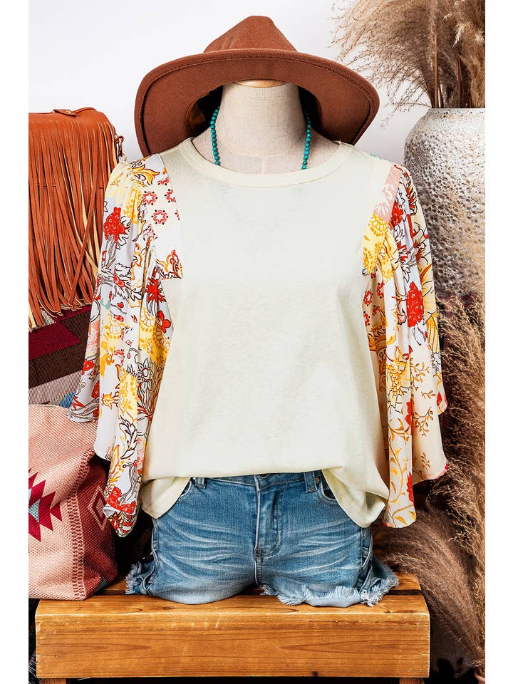 As shown Fashion-W Floral Patchwork Half Batwing Sleeve Blouse for wholesale on Faire
