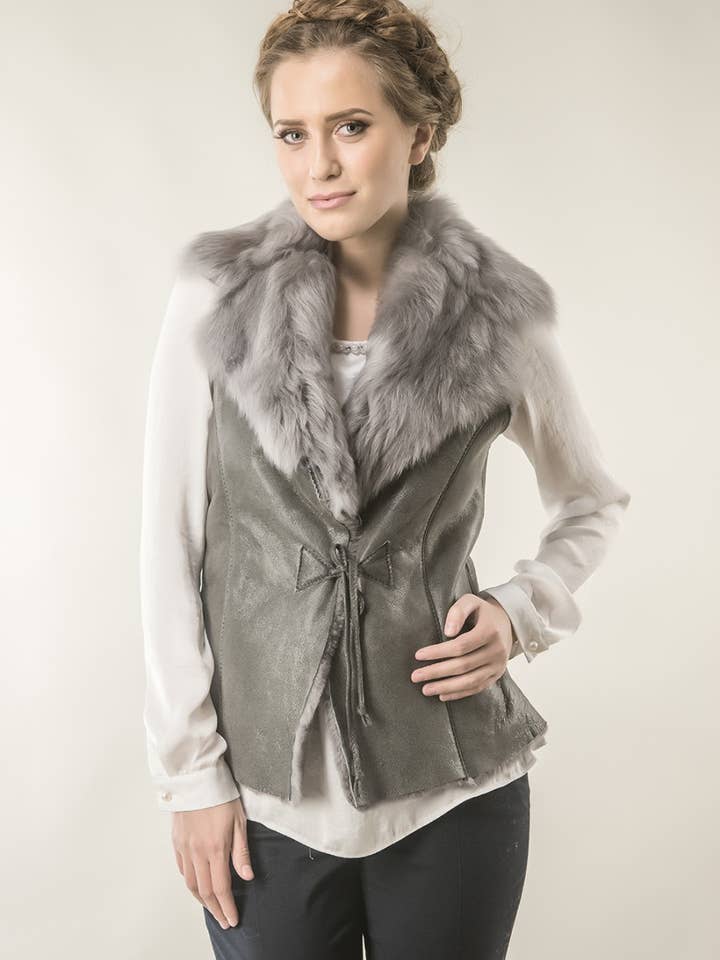 Gray Merino Fur Nappa Lamb Leather Vest for wholesale by Buy Me Fur