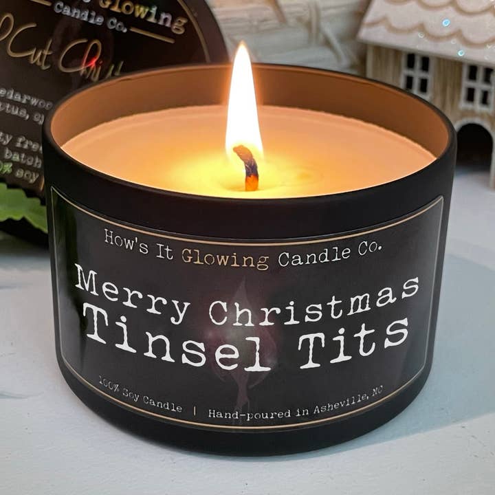 Merry Christmas Tinsel Tits | 100% Soy Candle | Non-Toxic for wholesale by How's It Glowing Candle Co.