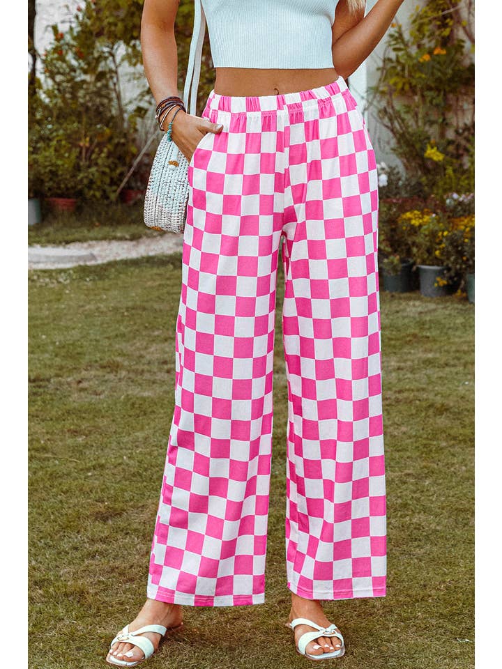 fashionworks - Wholesale Pants - Women's - Fashion-W 2-Tone Checked Print High Waist Wide Leg Pants