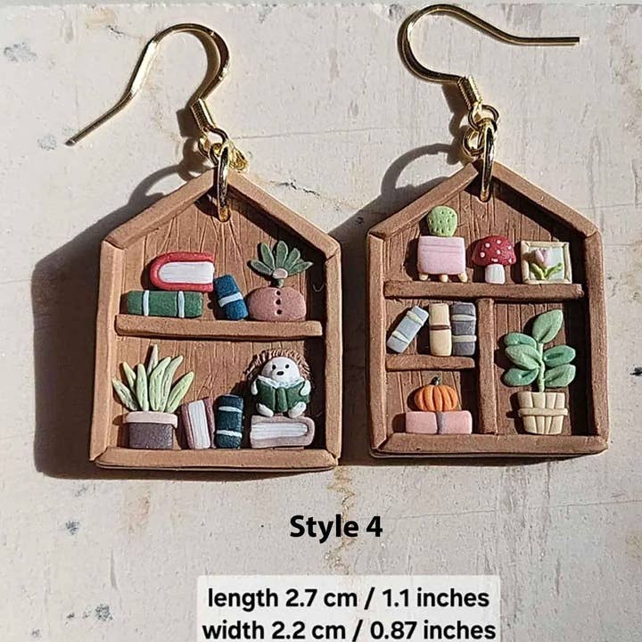 NoomCottageClay - Wholesale Dangle Earrings - Cottagecore Bookshelf Earrings • Cute Plant Jewelry 8