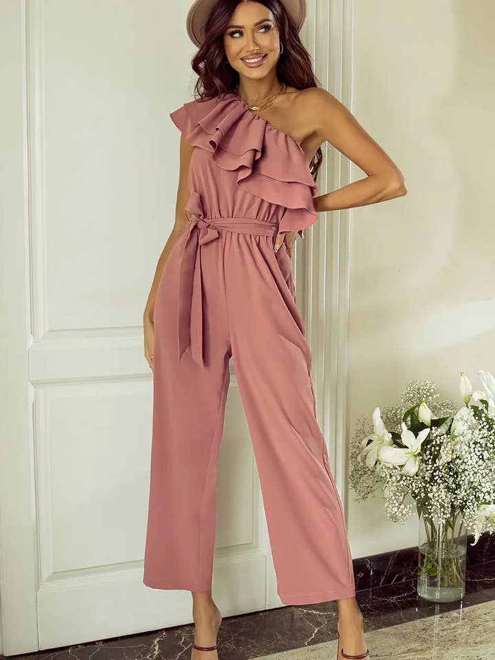 Mono rosa empolvado con volante y un solo hombro para venta al por mayor de StyleGalX