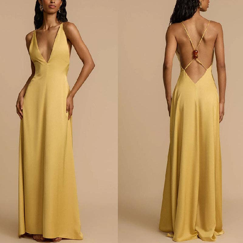 Gold 2025 NEW Summer Sexy Satin Backless VNeck Maxi Dress for wholesale on Faire6