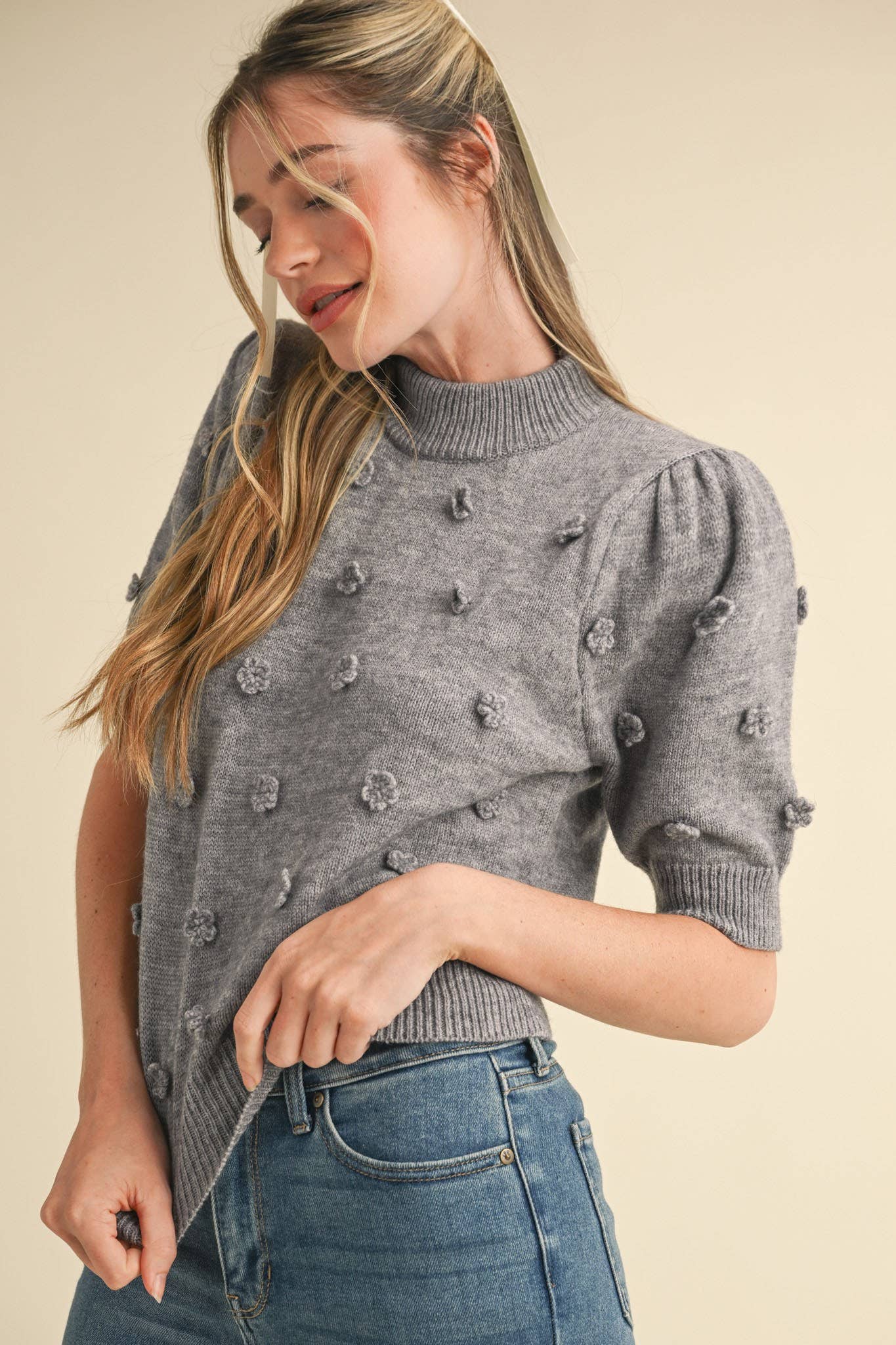 &MERCI - Wholesale Knit Sweater - Women's - 3D FLORAL KNIT SHORT SLEEVE SWEATER MSW105372