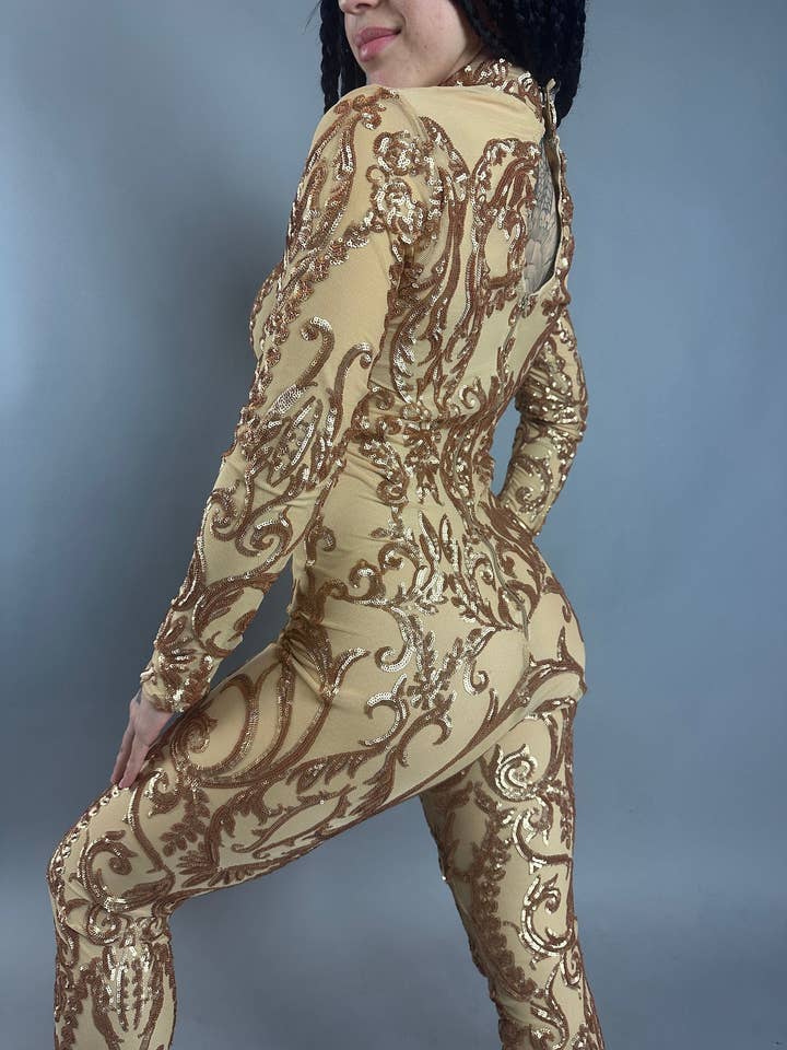 Shiny Gold Sequin Costume, Birthday Jumpsuit, Vine Pattern Unitard, Exotic Dance Wear, Disco Night Outfit, Gymnastic Catsuit for wholesale by Kikimora Fashion