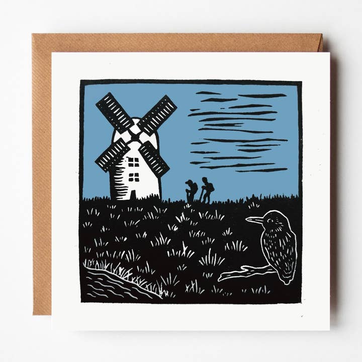 Windmill linocut inspired greeting card (blank inside) for wholesale by Stellabox Designs
