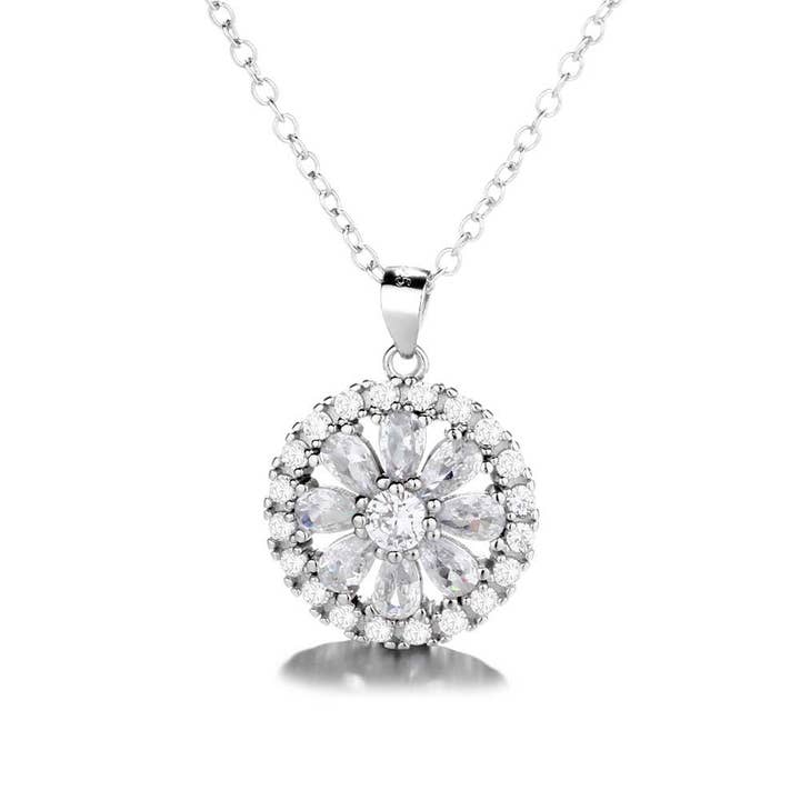 Sterling Silver Flower Halo Pendant Necklace with Swarovski Crystals for wholesale by Amy and Annette