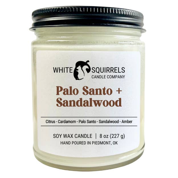 Palo Santo + sandalwood - 8 oz glazen pot met rechte zijkanten voor wholesale door White Squirrels Candle Co