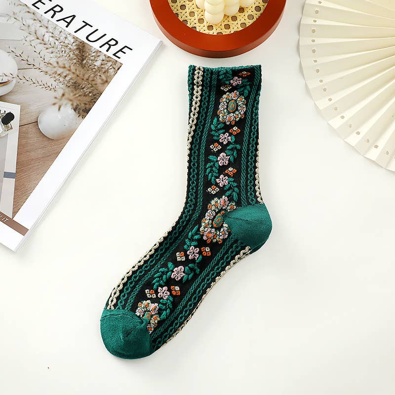 Tourtiwi - Wholesale Socks - Women's - Boho Vintage Floral Embroidered Crew Socks 3