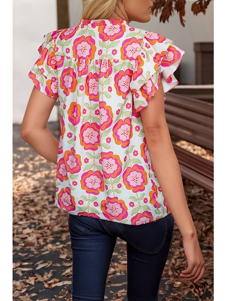 Multi Colored Floral Ruffle Sleeve Ric-Rac Trim Split Neck Blouse (S-XL) for wholesale on Faire