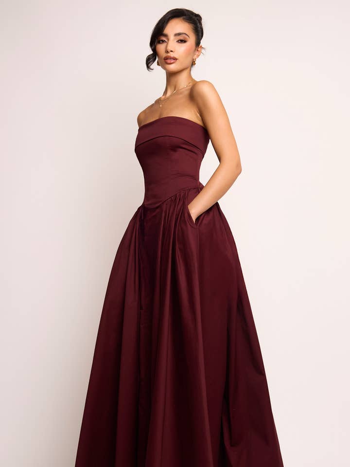 Edith Burgundy Bandeau Corset Gown Maxi Dress for wholesale by Jaded Rose