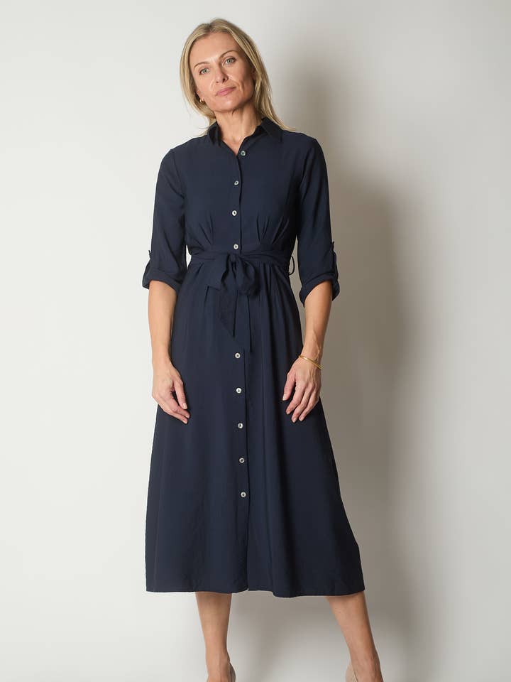 Button-Down Shirt Dress with Waist Tie - Navy for wholesale by SOLO