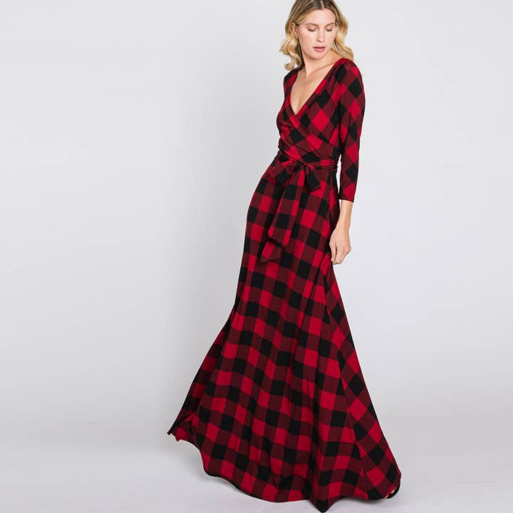 Red Buffalo Plaid Venechia Maxi Wrap Dress for wholesale by Love, Kuza
