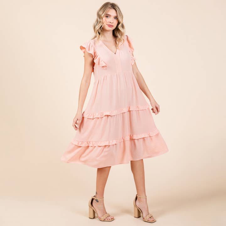ROLYPOLY - Wholesale Dress - Women's - Ruffled Cap Sleeve Tiered V neck Midi dress