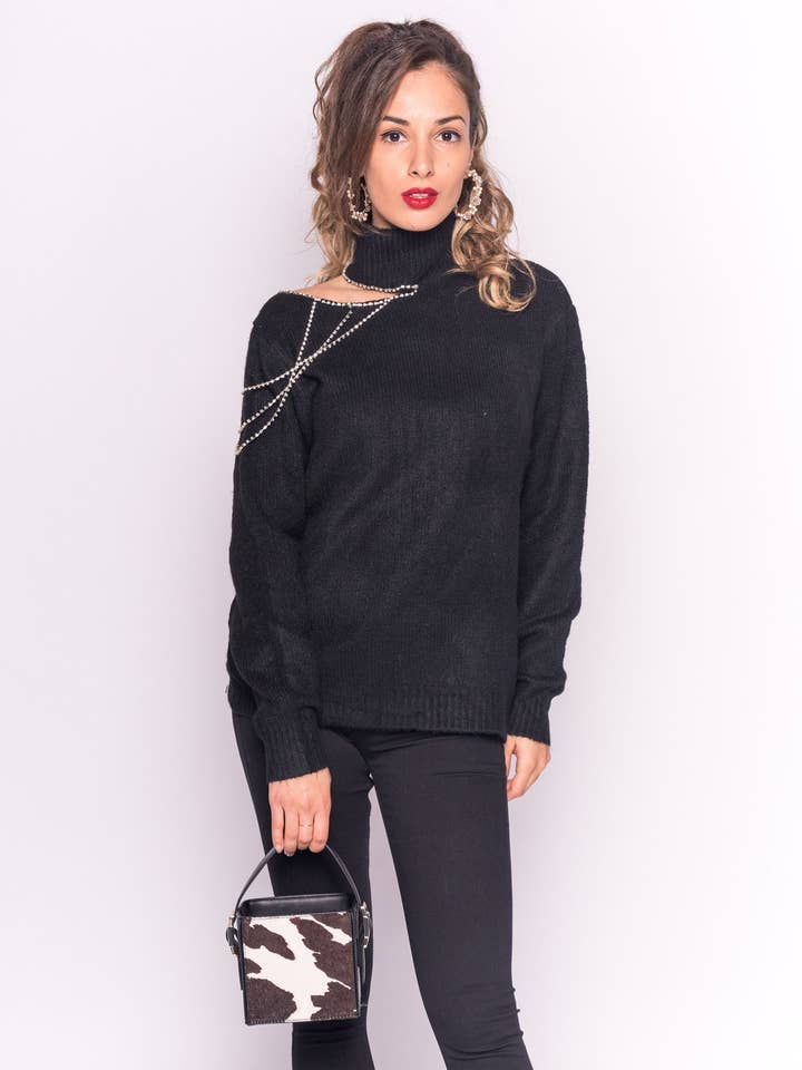 CY FASHION. LONDON - Vente Pull en maille – femme - Pull à épaules ouvertes avec chaîne
