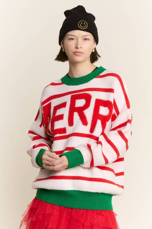 WHITE RED PLUS SIZE STRIPED CHRISTMAS MERRY SWEATER for wholesale on Faire1