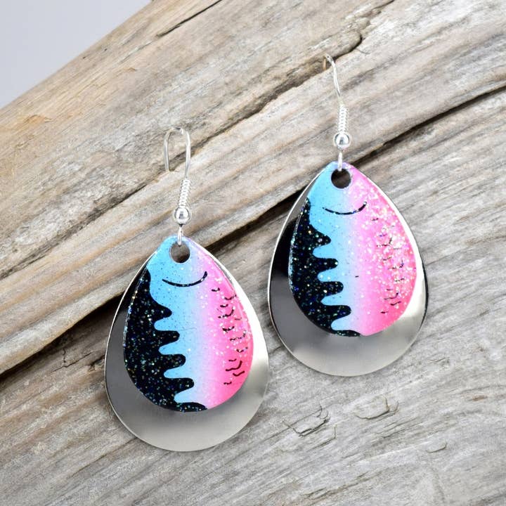 Shiny Blue Pink Multi color Fishing lure Earrings for wholesale by Eye Catching Jewelry