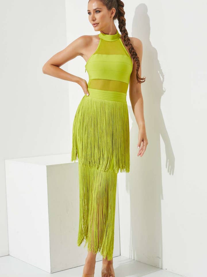 VERDE CIDRA Vestido tipo vendaje con detalle de flecos de venta al por mayor en Faire