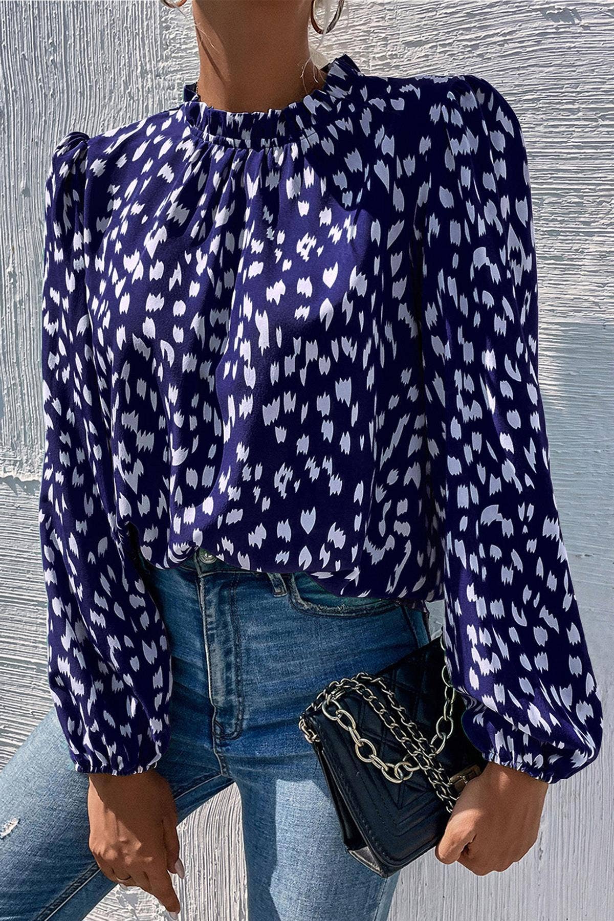 Animal Print Frill Detail High Neck Top In Navy for wholesale on Faire3