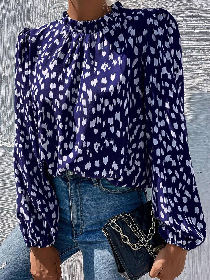 Animal Print Frill Detail High Neck Top In Navy for wholesale on Faire3