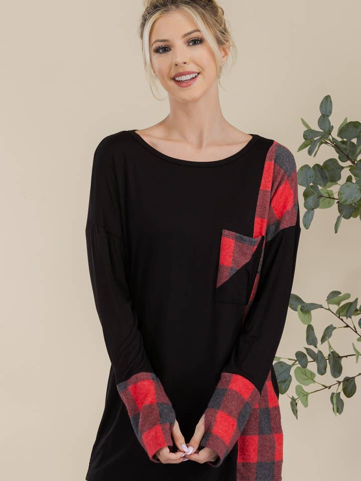 Celeste Clothing - Vendita all'ingrosso Tunica - Donna - TOP A MANICHE LUNGHE IN TARTAN PER MISSY E PLUS SIZE -CT43810B6