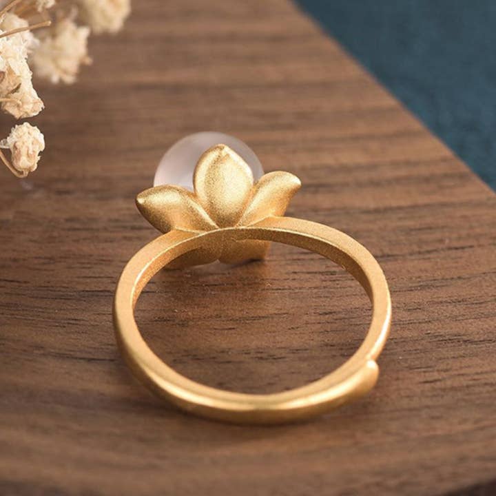 Bright MacMing - Wholesale Cocktail/gelegenheidsring - Jade bal op gouden bloem open ring2