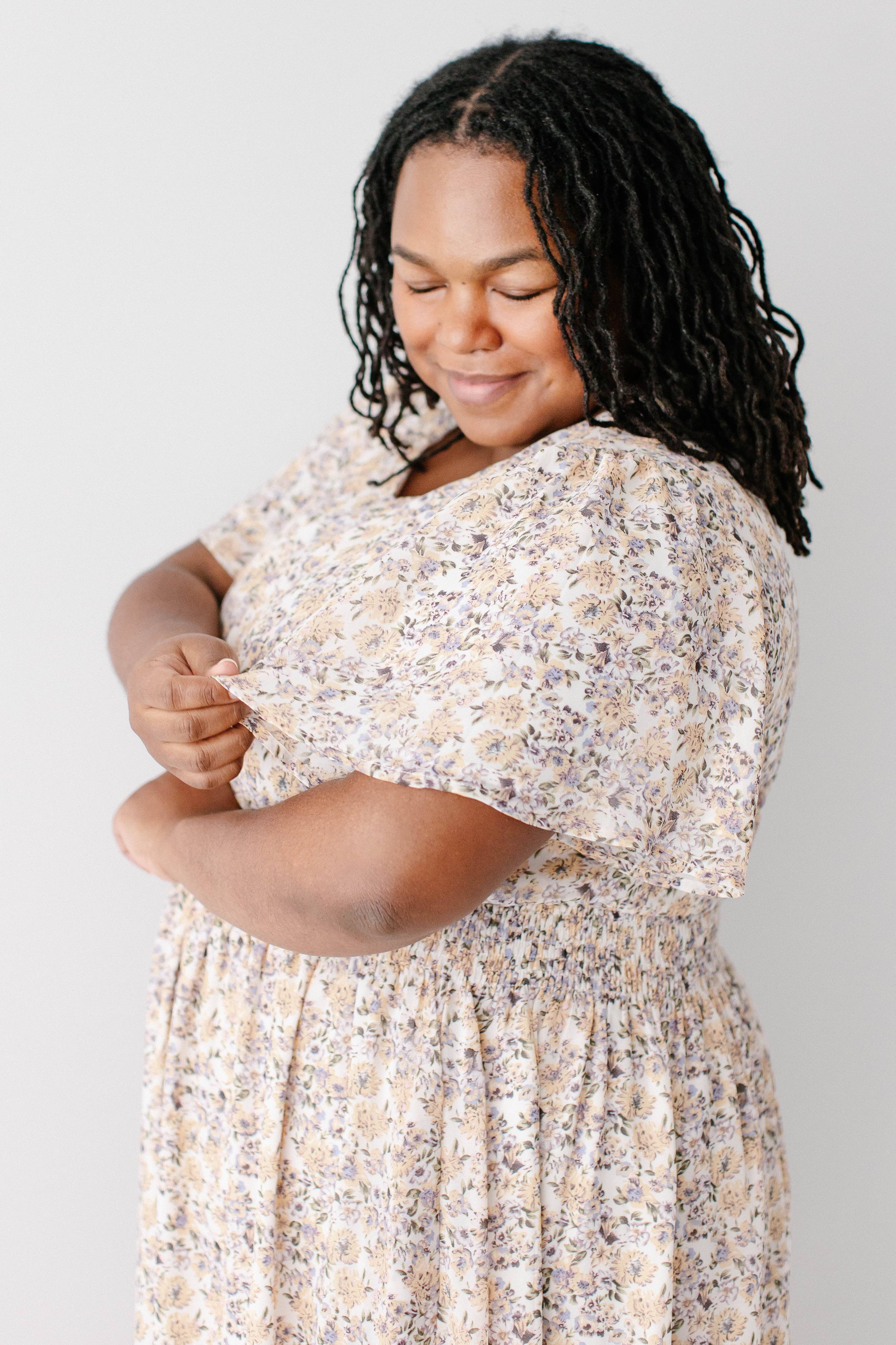 Ivory 'Felicity' Floral Print Smocked Waist Maxi Dress for wholesale on Faire10