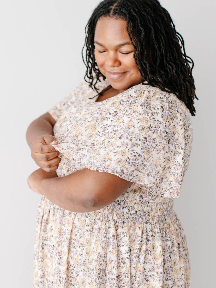 Ivory 'Felicity' Floral Print Smocked Waist Maxi Dress for wholesale on Faire10