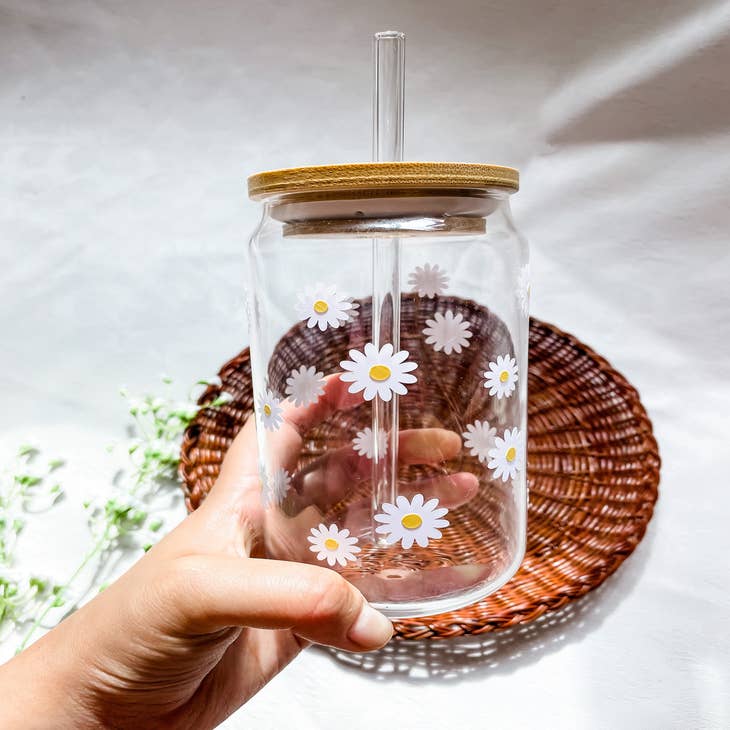 Daisy Cup Iced Coffee Cup Glass Retro Flower Glass Jar 