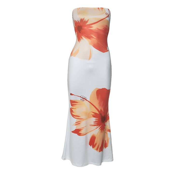White Hawaii Hibiscus Floral Bandeau sleeveless tube dress for wholesale on Faire3