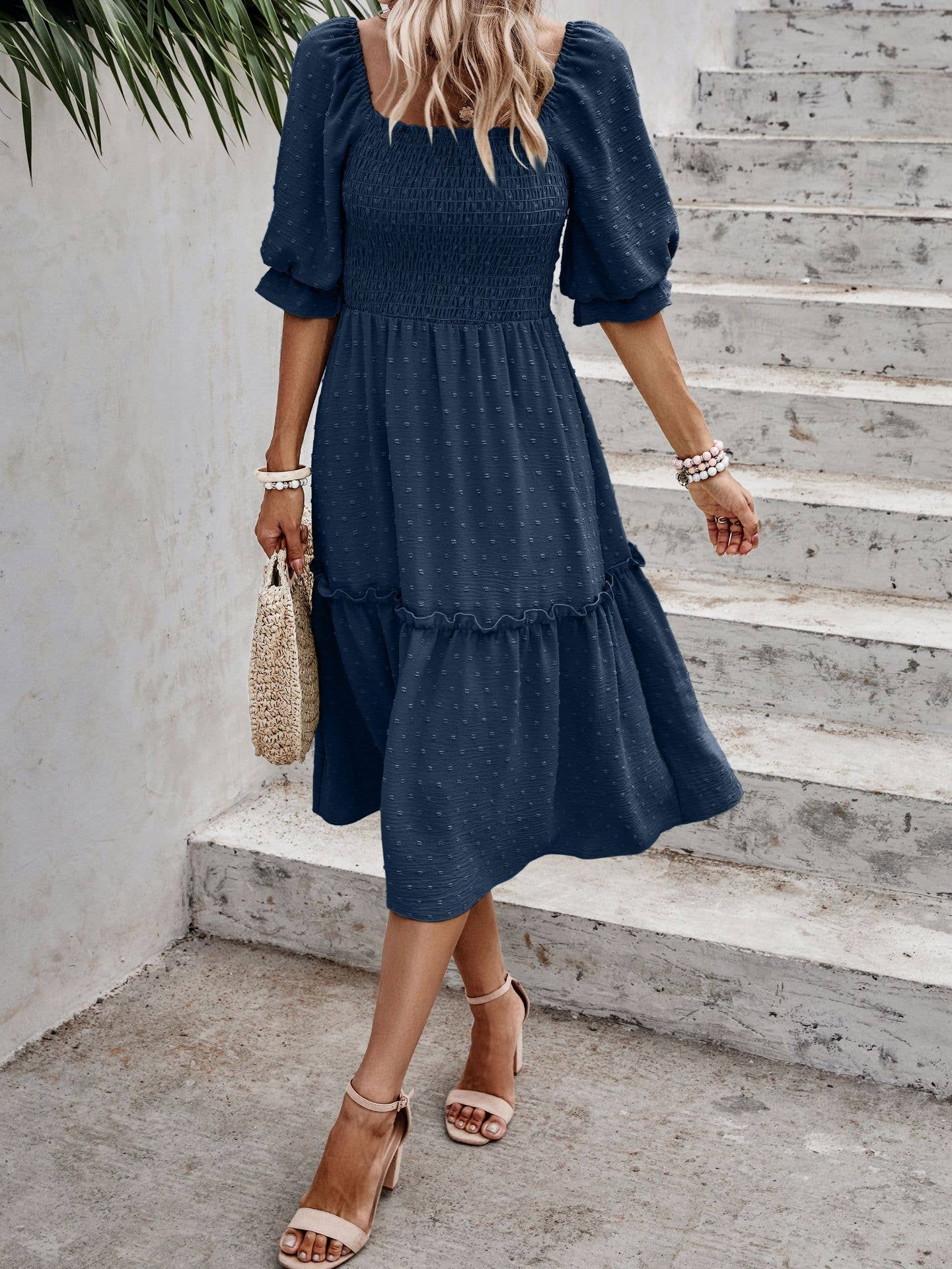 eLook – Großhandel Kleid – Damen – SZ1-DR6227 Swiss Dots Gemustertes Midikleid mit halben Ärmeln21