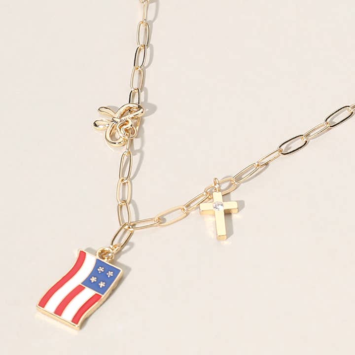 Enamel American USA Flag Cross Bow Charm Station Necklace for wholesale by Sensibling Corp.