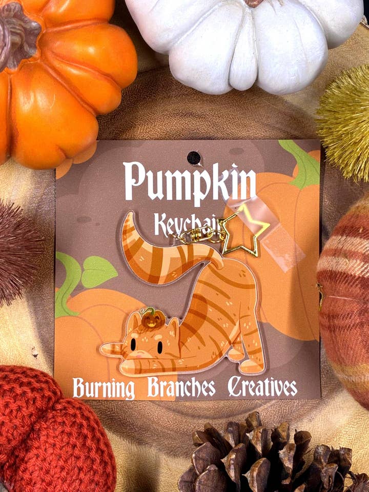 Pumpkin Cat Acrylic Keychain for wholesale by Burning Branches Creatives