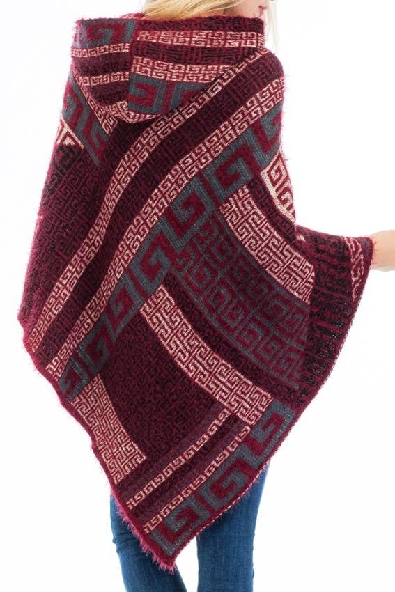 Cap Zone - Vente Poncho – femme - Poncho à capuche en faux angora Greek Key2