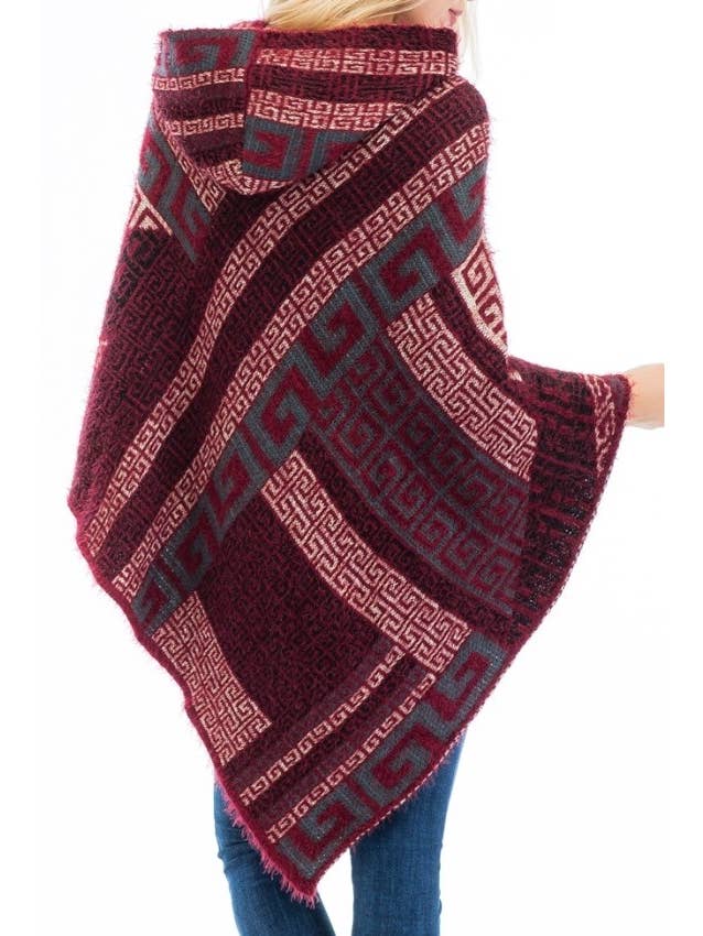 Cap Zone - Vente Poncho – femme - Poncho à capuche en faux angora Greek Key2