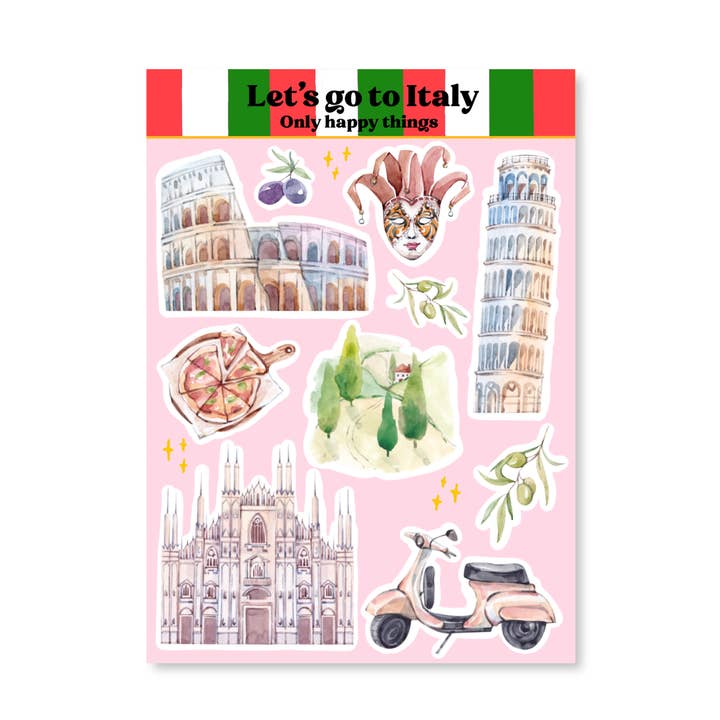 Aufkleberbogen „Let's go to Italy“ A6 für den Großhandel von Only Happy Things Stationery