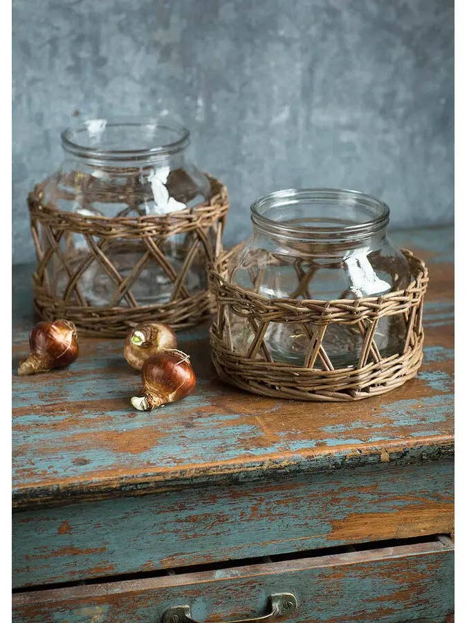 Glass and Woven Willow Canister for wholesale by Vagabond Vintage