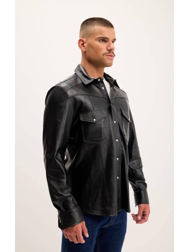 Men's Genuine Lambskin Leather Shirt - Black for wholesale on Faire7