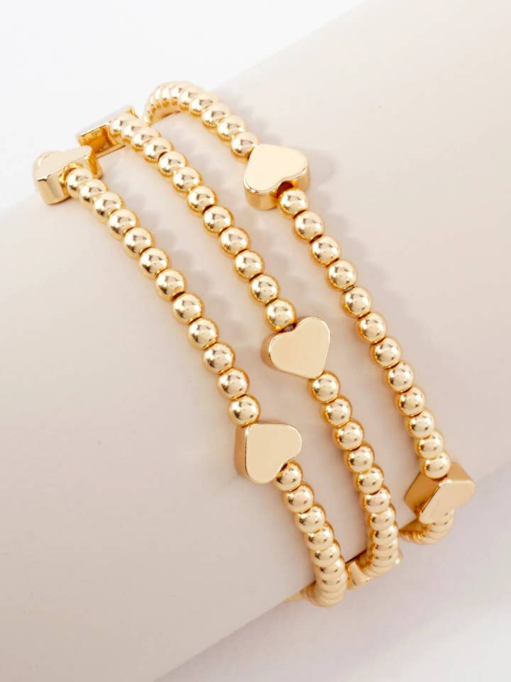 3PC-Set Metallic Beads Hearts Stackable Stretch Bracelets for wholesale by Wild Honey