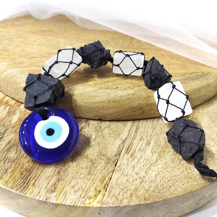 Black Tourmaline & Selenite With Evil Eye Crystal Hanger for wholesale by Soothing Crystals