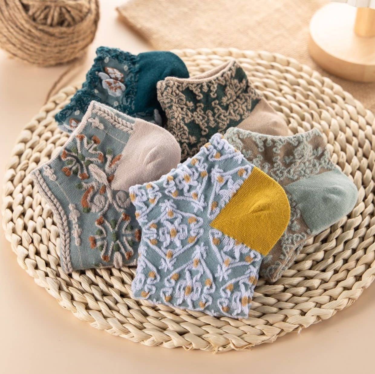 Assorted pairs pack pattern per pair min packs pairs JCS020 Vintage 3D Floral Socks for wholesale on Faire7