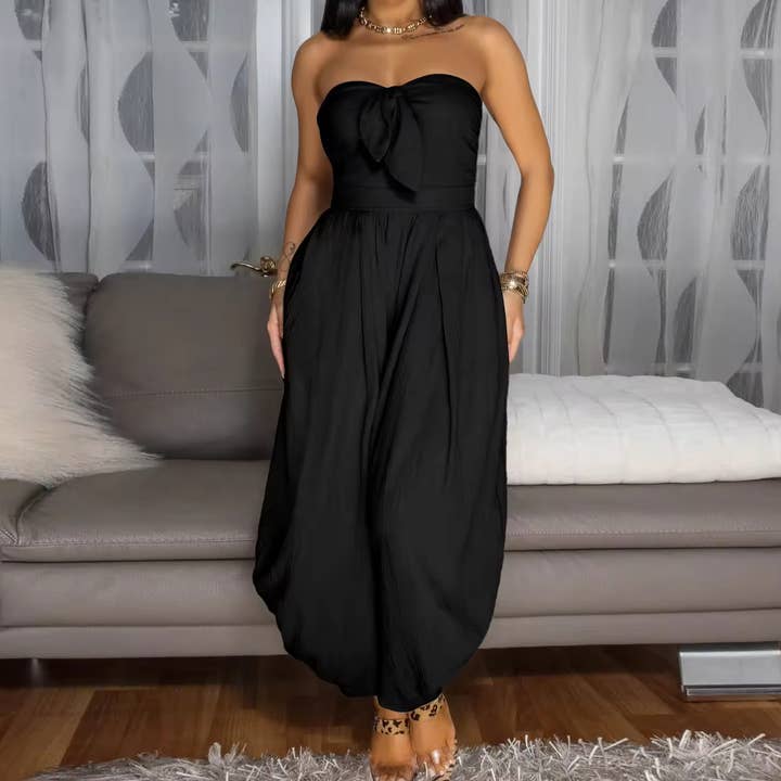 Combinaison à jambes larges avec devant croisé, sans bretelles et dos élastique(C) pour la vente par BELLISSIMA FASHION