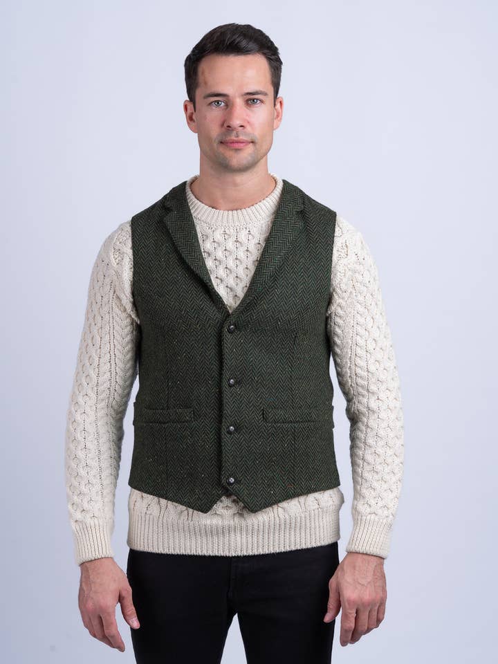 Pearse Green Herringbone Tweed Waistcoat & Vest with Revere for wholesale on Faire