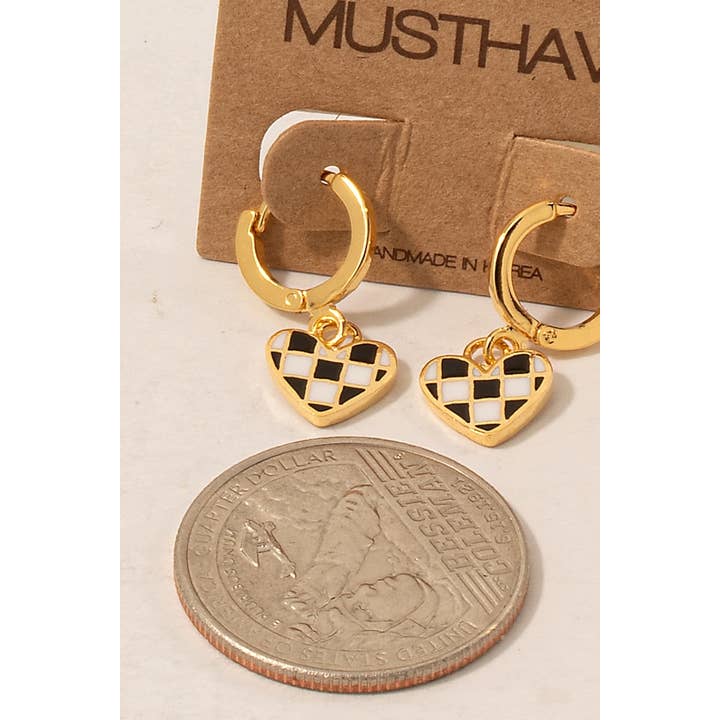 Fame Accessories - Wholesale Hoop Earrings - Epoxy Checkered Heart Charm Hoop Earrings