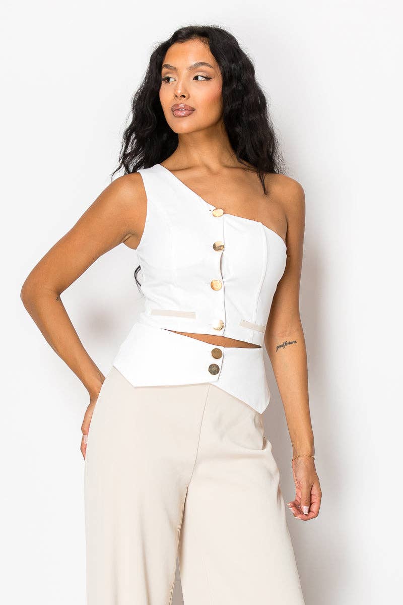 Beige Contrast Wide Pant Set With One Shoulder Top for wholesale on Faire6
