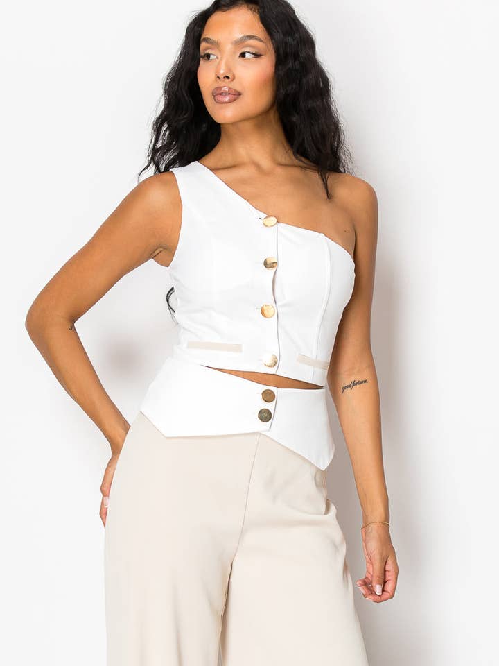 Beige Contrast Wide Pant Set With One Shoulder Top for wholesale on Faire6