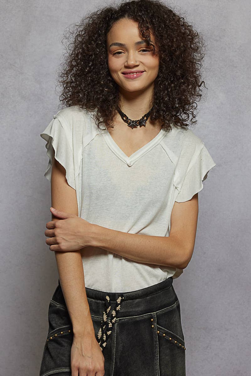 Pol Clothing - Wholesale T-Shirt - Women's - V-neck ruffle short sleeve solid basic cotton top32