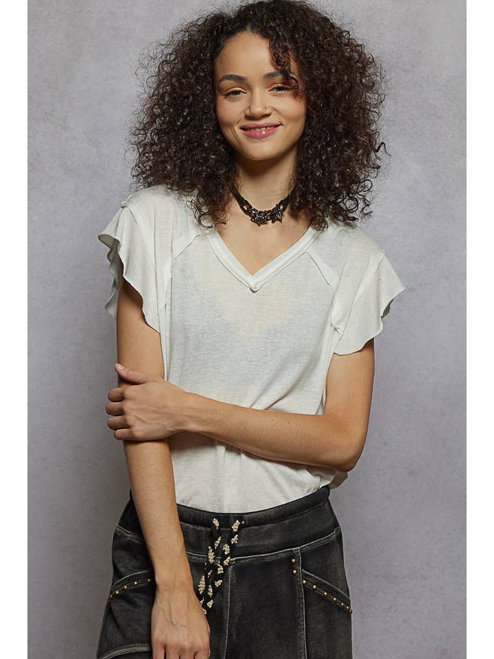 Pol Clothing - Wholesale T-Shirt - Women's - V-neck ruffle short sleeve solid basic cotton top32