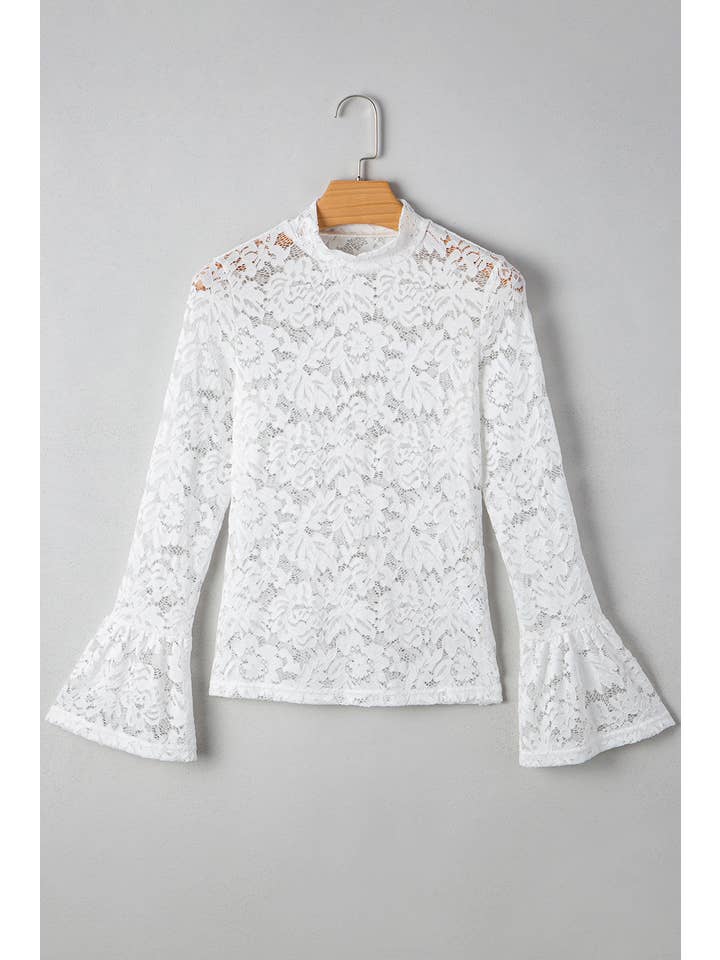 White  LDC Lace Crochet Bell Sleeve Mock Neck Blouse for wholesale on Faire1