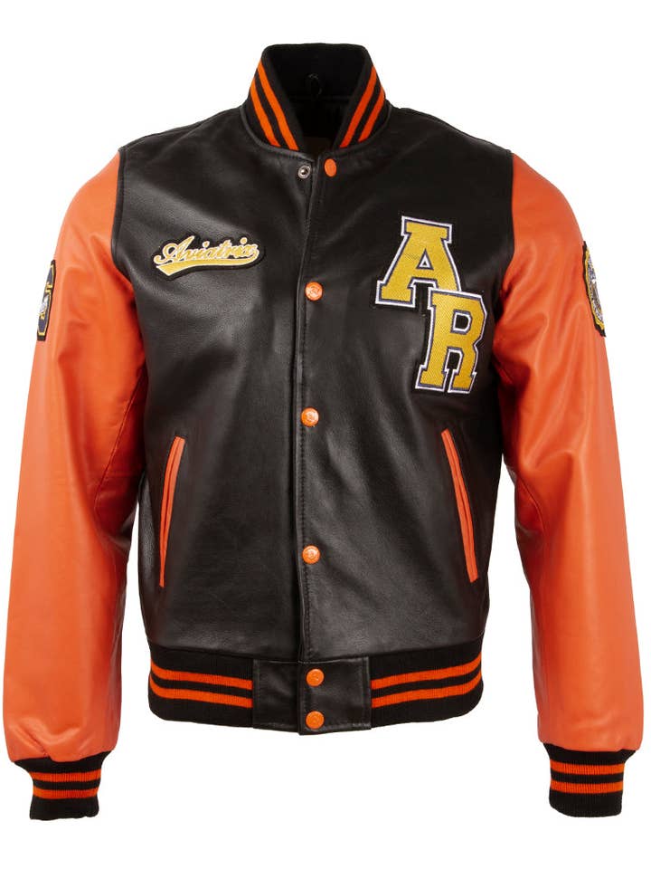 Chaqueta Varsity VZH7 para hombre, color negro y naranja para venta al por mayor de Aviatrix